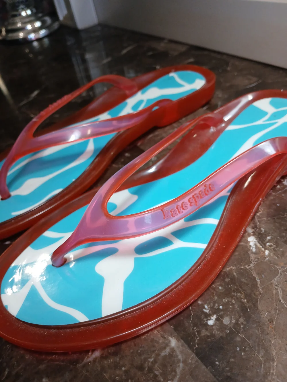 kate spade Pink Jelly Strap Sandals with Turquoise Patterned Footbed
